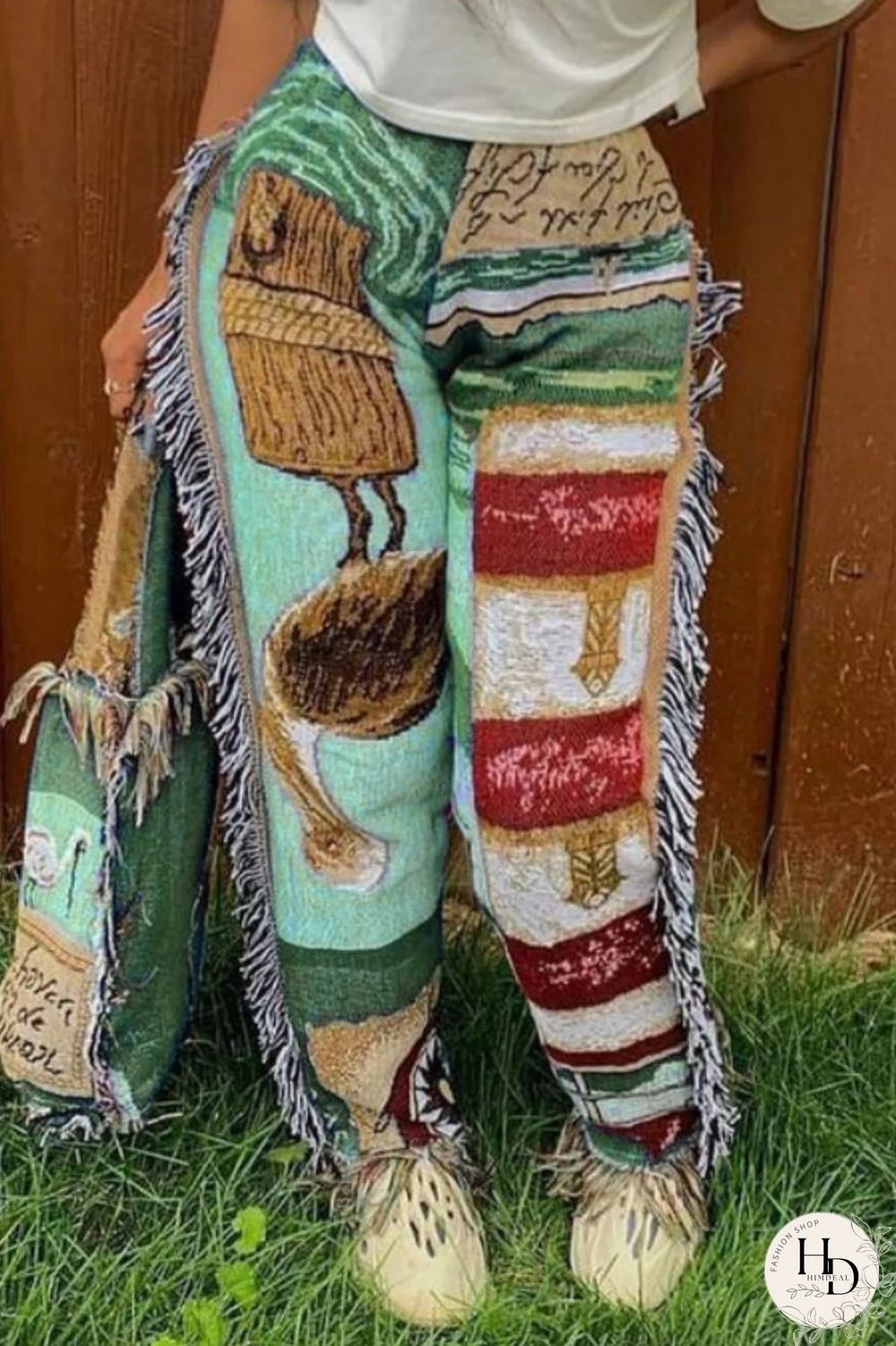 Sky Blue Casual Print Tassel Patchwork Regular High Waist Conventional Full Print Trousers