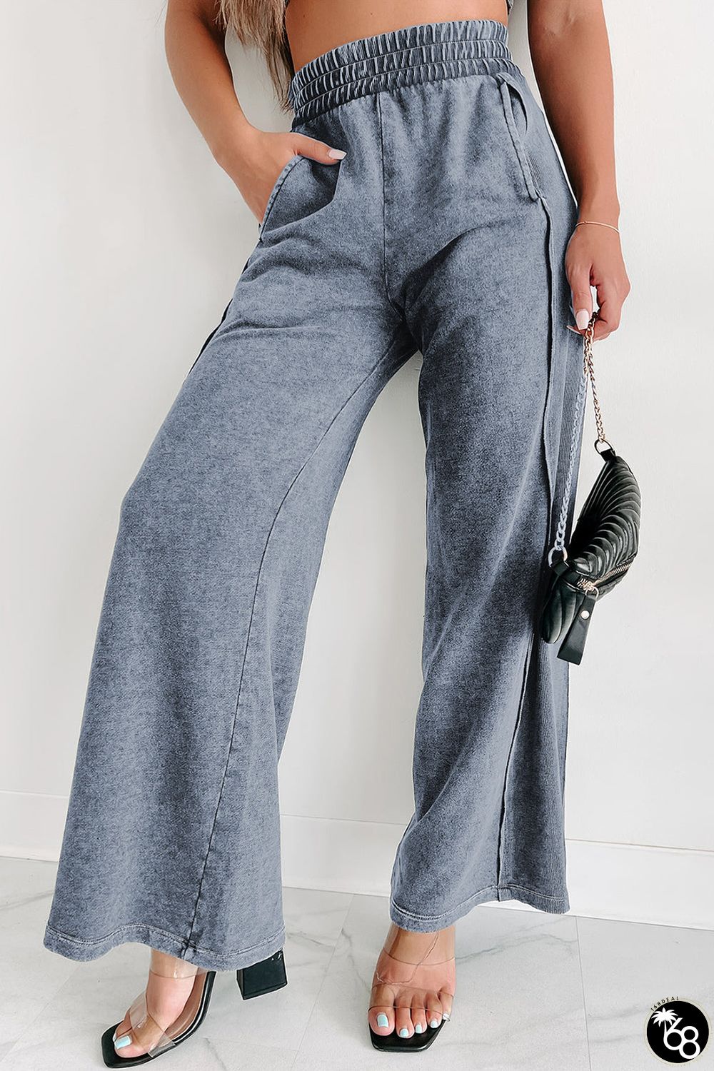 Mineral Wash Smocked Waistband Wide Leg Pants | 168DEAL