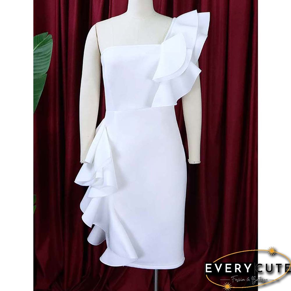 White Solid One Shoulder Bodycon Dress with Ruffles