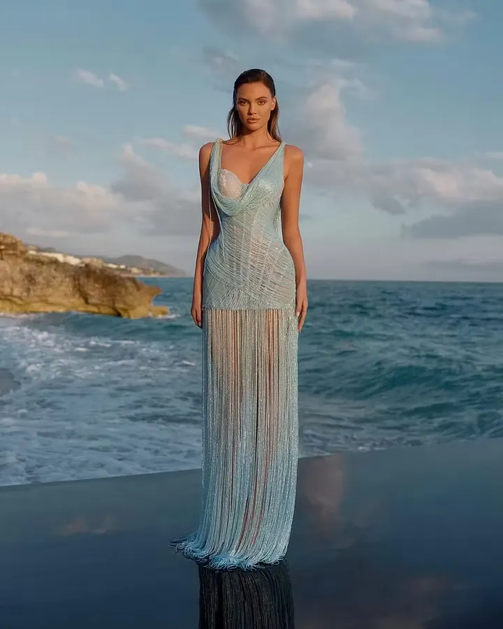 Lussooy Unique Blue Sleeveless Spaghetti-Straps Evening Dress With Tassels 