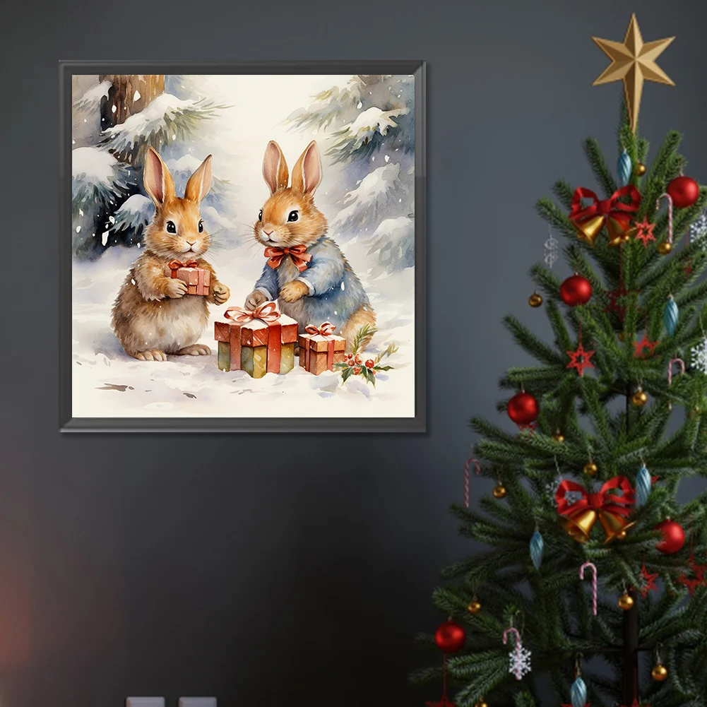 Diamond Painting - Full Round Drill - Winter Gift Bunny(Canvas|30*30cm)