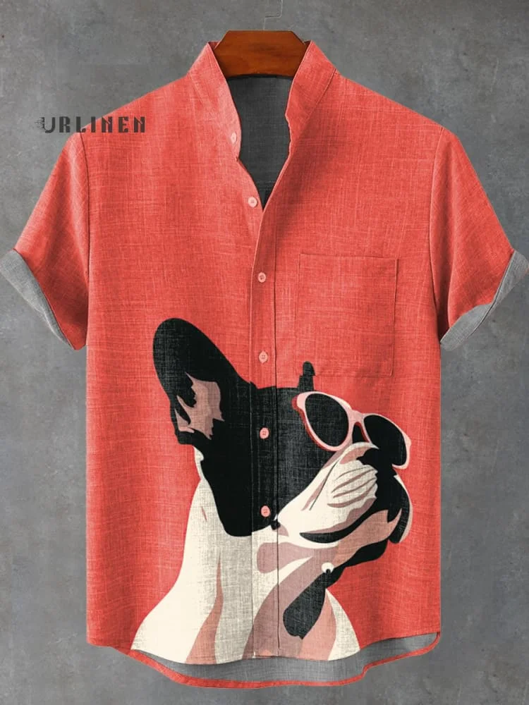 Decorative Pattern of French Bulldog Wearing Sunglasses On Red Background Casual 100% Cotton Shirt