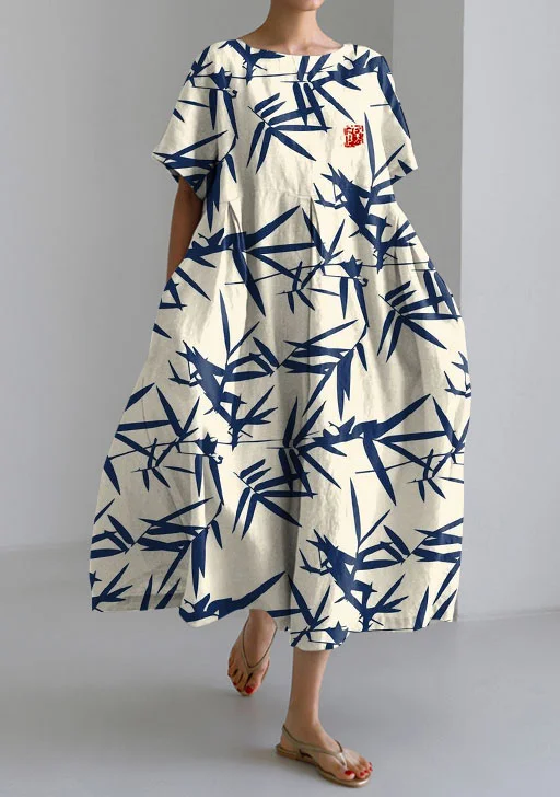 Japanese Bamboo Leaf Retro Short-sleeved Loose Mid-length Dress