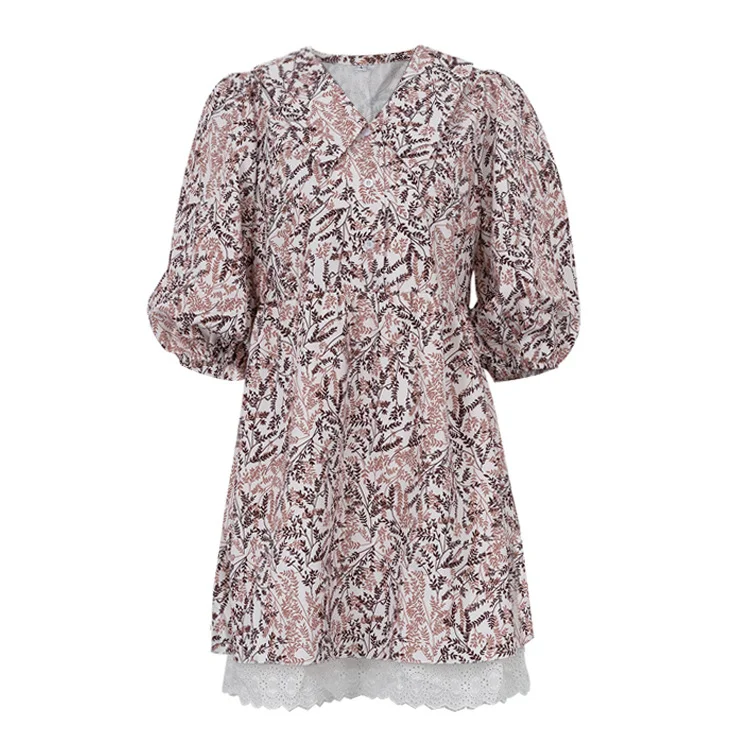Ueong Ueong Women's Summer New Plant Print Doll Collar Waist Short Sleeve Skirt French Dress