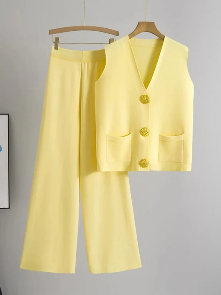 Casual 2pcs Suit Women V-Neck Sleeveless Single Breasted Slim Tank Wide Leg Pants Female Set 2025 Spring Summer