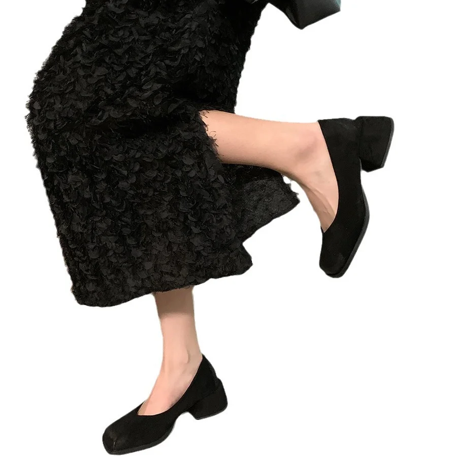 Wongn Thick Heel Black Square Head Temperament Single Women's Shoes 2024 New Retro Shallow Mouth Evening Style High Heels