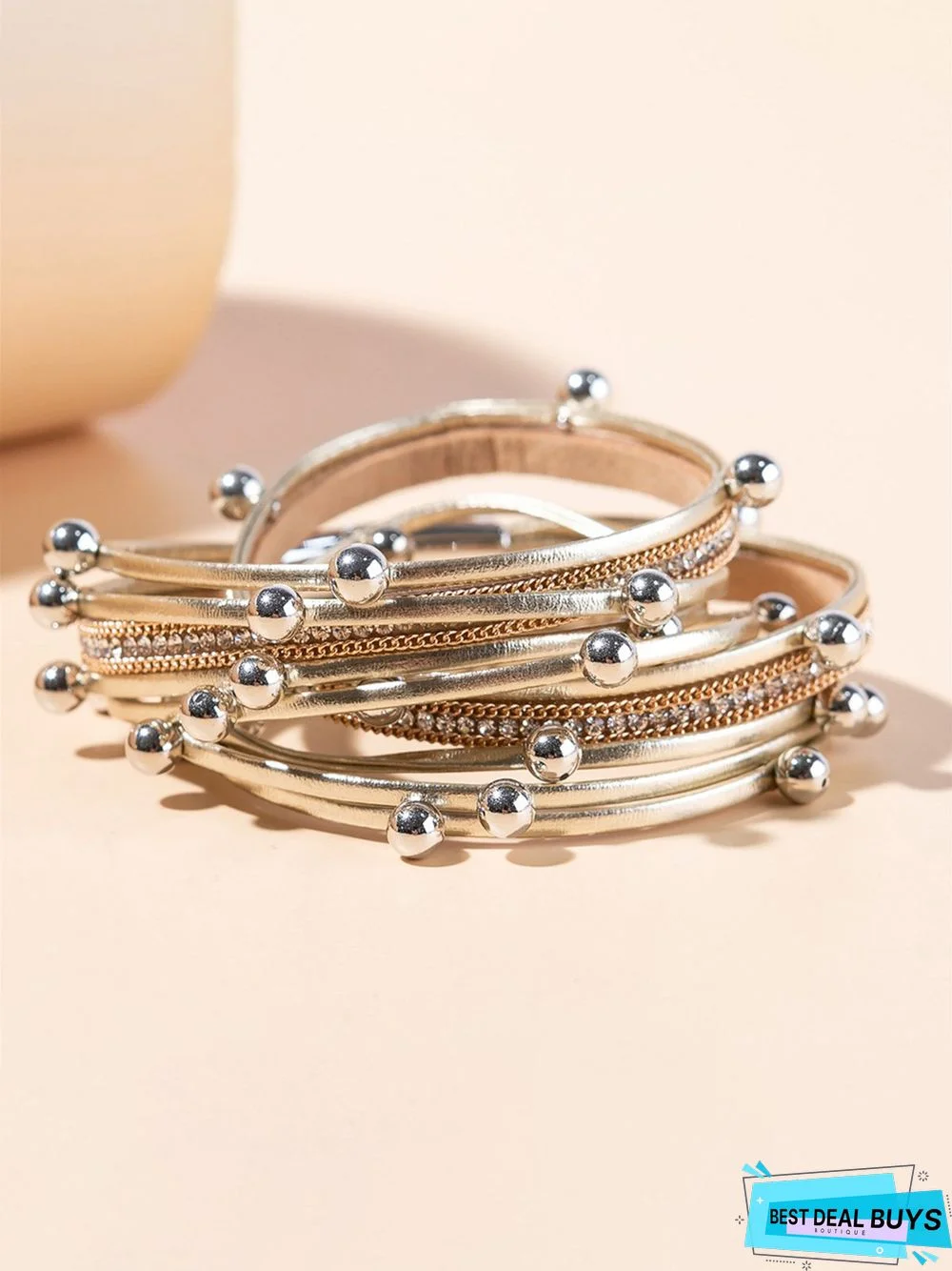 Retro Rhinestone Metal Ball PU Bracelet