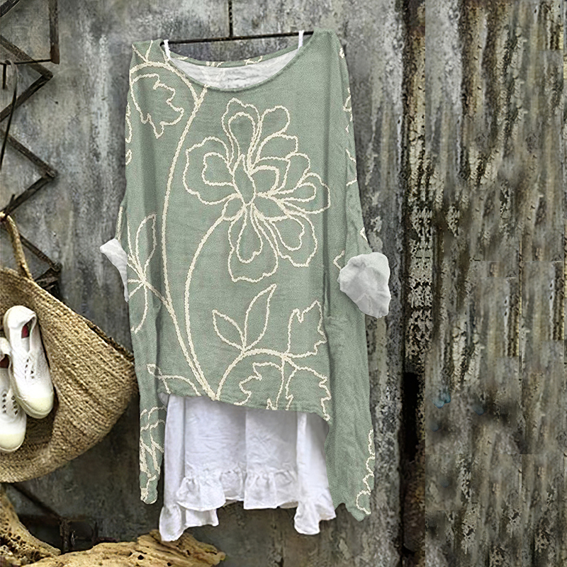 Vintage Floral Art Linen Blend Flowy Tunic artswardrobe