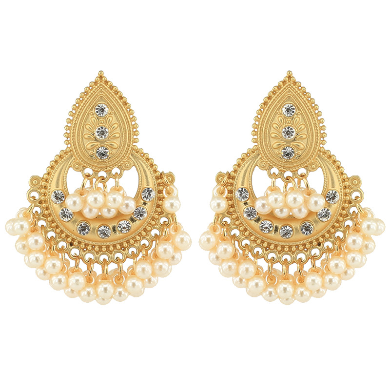 Golden lantern big tassel pearl ethnic traditional earrings