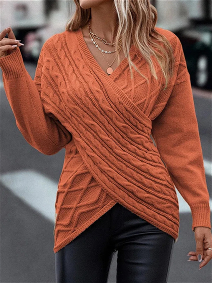 Autumn and Winter New Solid Color V-neck Cross Jacquard Slim Comfortable Casual Sweater Commuter Style Women's Clothing