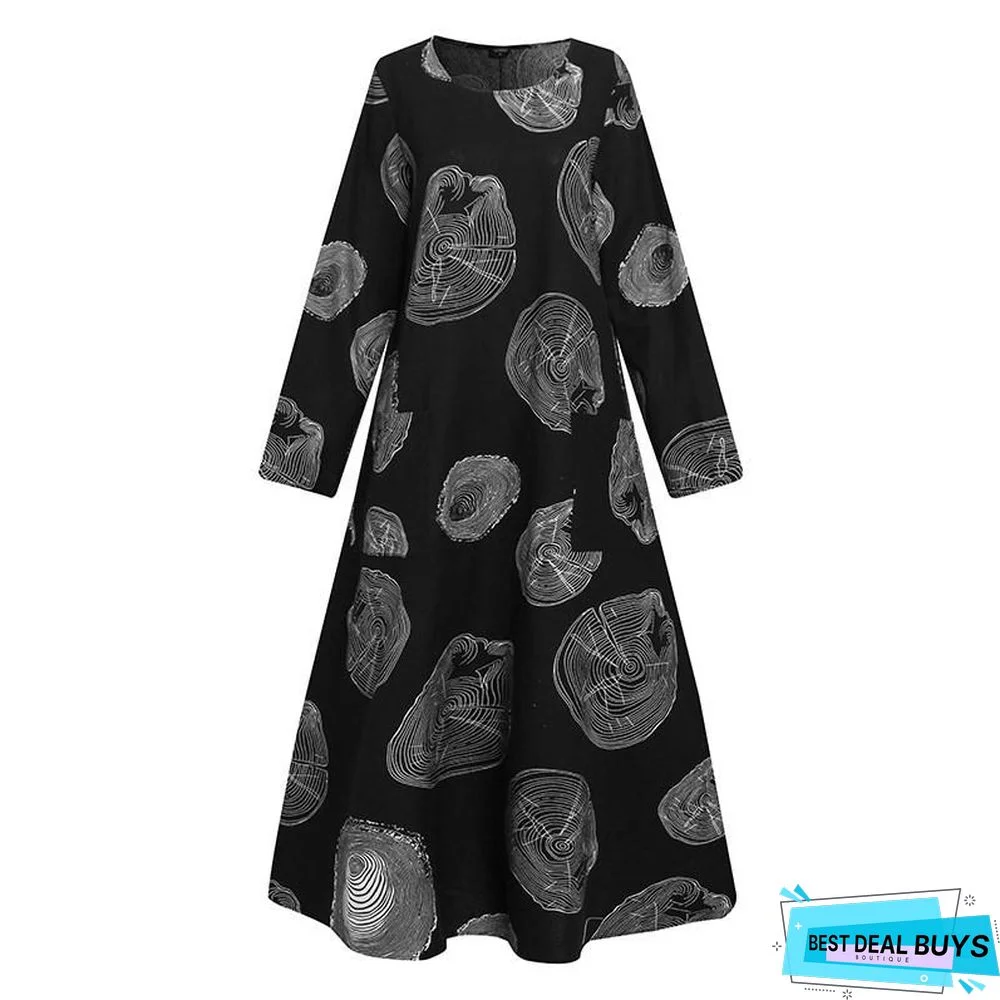 Autumn Women's Print Large Pocket Long Sleeve Casual Retro Dress Black Dresses