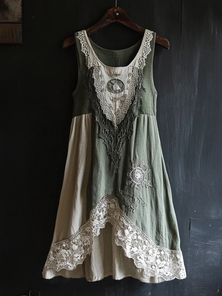 Vintage Lace Patchwork Cozy Linen Tank Dress