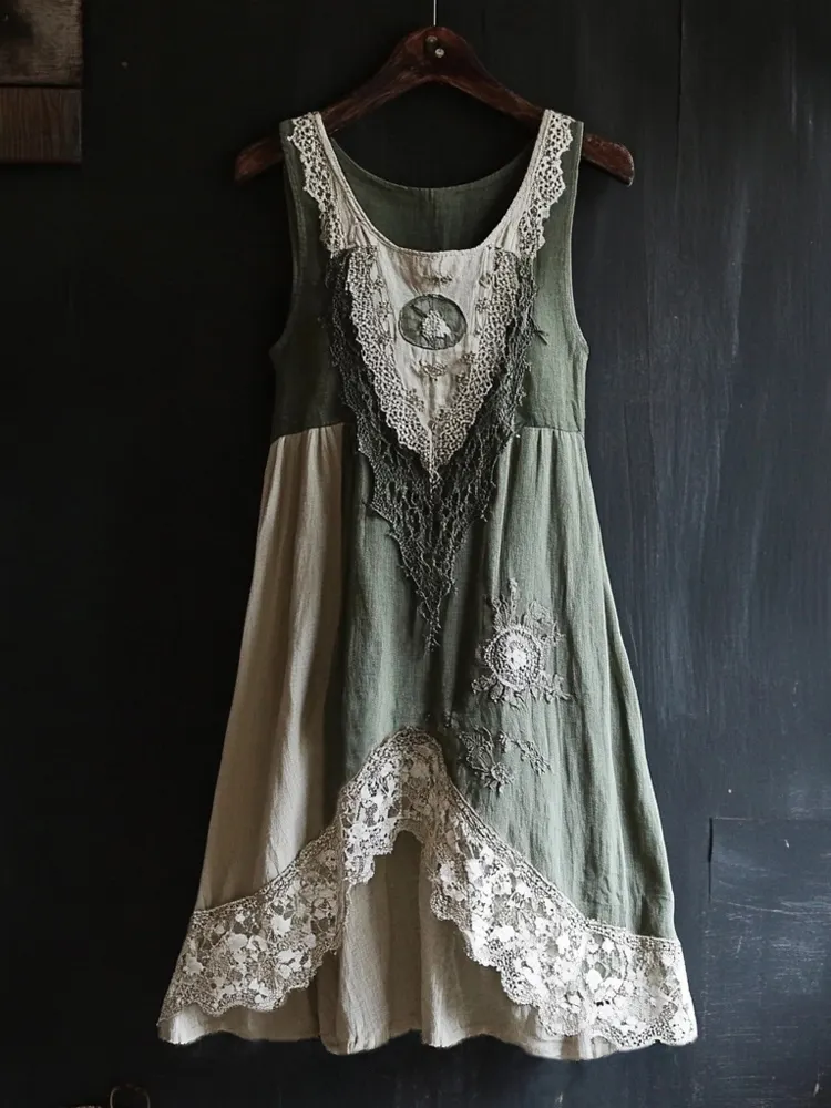 Lunivibe Vintage Lace Patchwork Cozy Linen Tank Dress