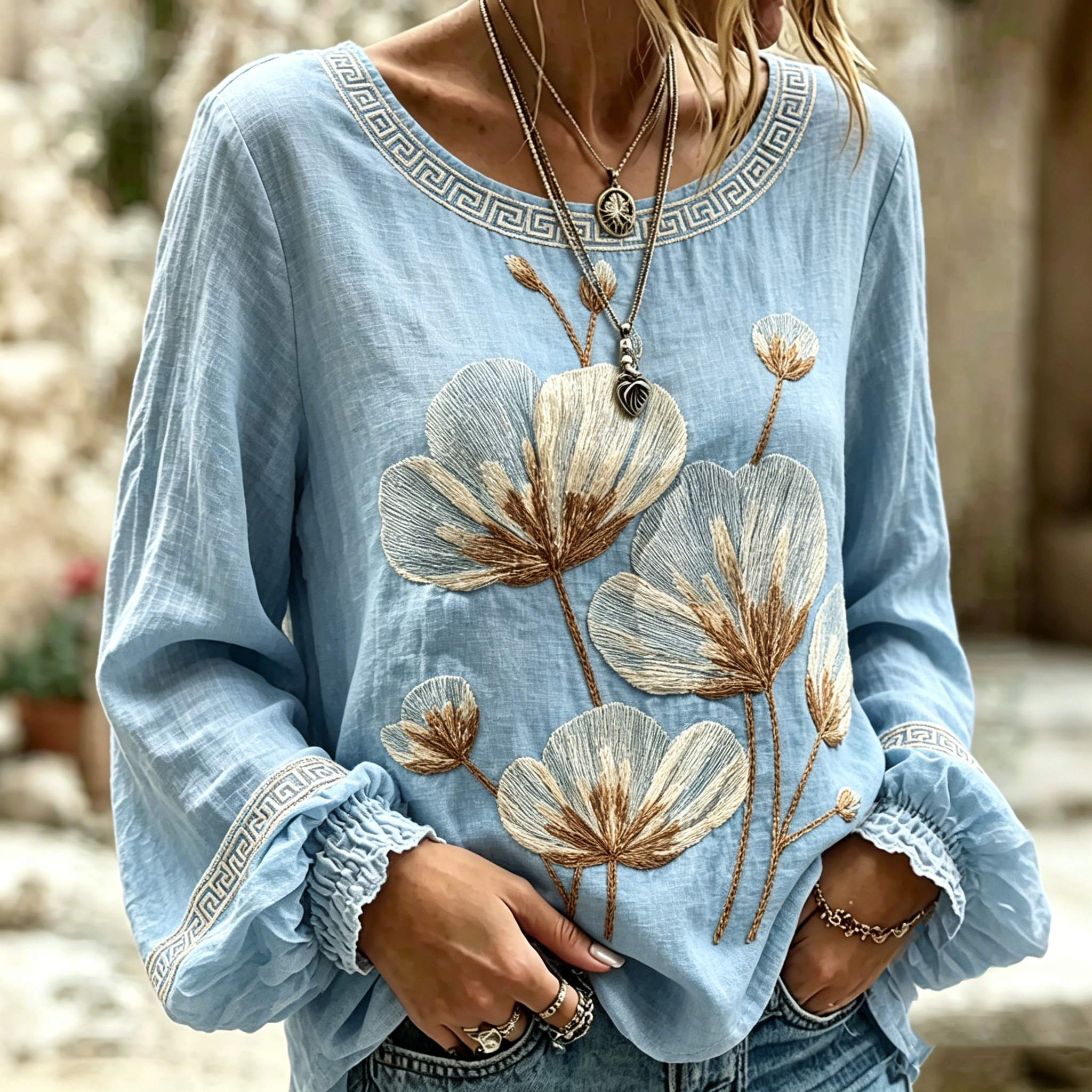 Women's Vintage Floral Art Print Casual Long-sleeve T-shirt elevenforest