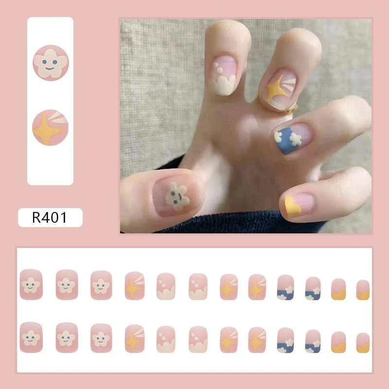 24 pieces Fire Pattern False Nail Full Cover Fake Nail Elegant Pink Gradient French Short Nails Shiny Short Fake Nail Dropship