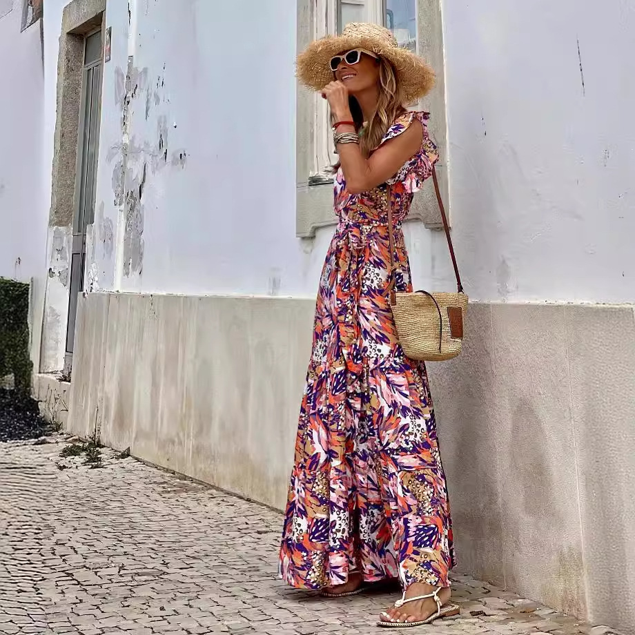 Multicolor Sleeveless Ruffled Lace-up High Waist Floral Maxi Dress