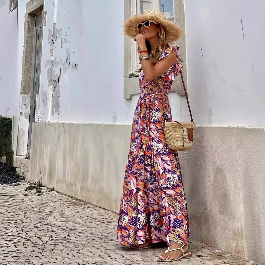Multicolor Sleeveless Ruffled Lace-up High Waist Floral Maxi Dress