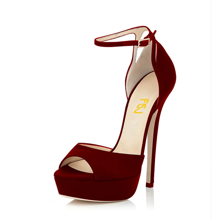 Burgundy Heels Peep Toe Ankle Strap Vegan Suede Stiletto Heel Office Sandals |FSJ Shoes