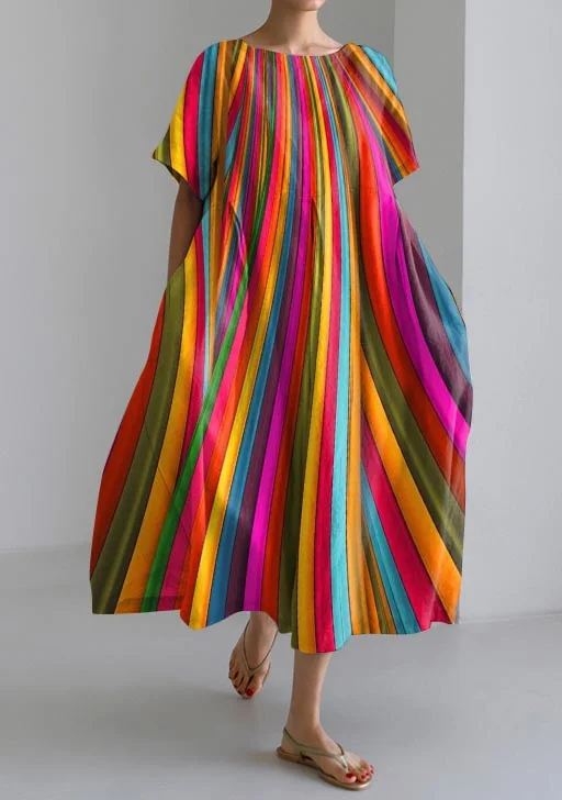 Retro Rainbow Striped Casual Short Sleeve Dress