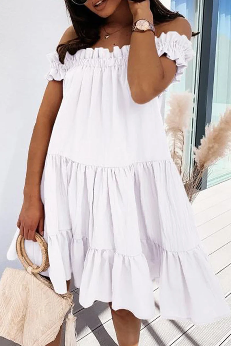 Fashion Casual Solid Backless Off the Shoulder Short Sleeve Dress