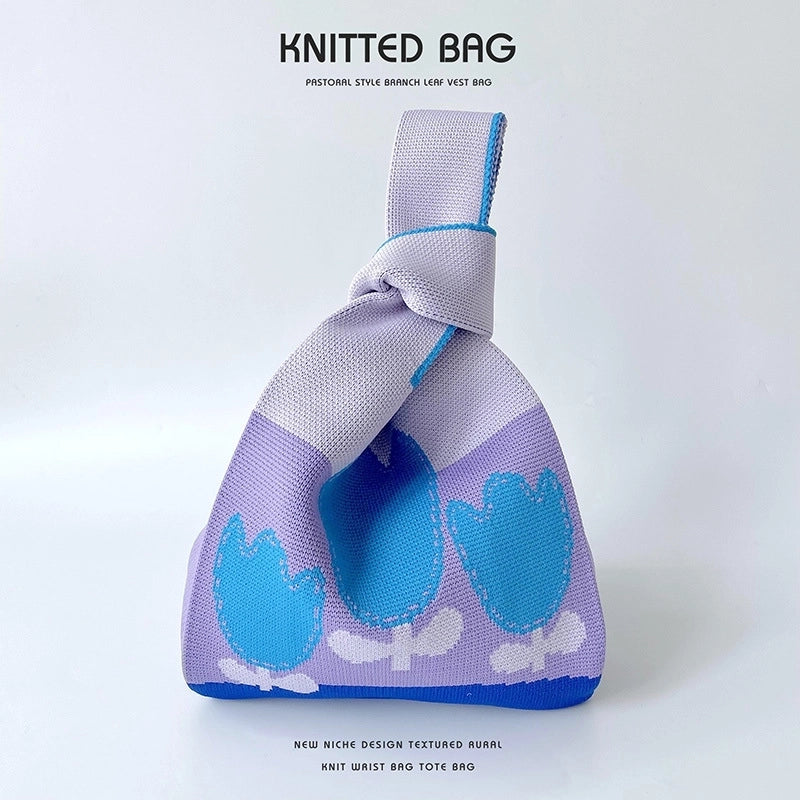 Women’s Medium Knit Letter Flower Cute Vintage Style Square Open Handbag