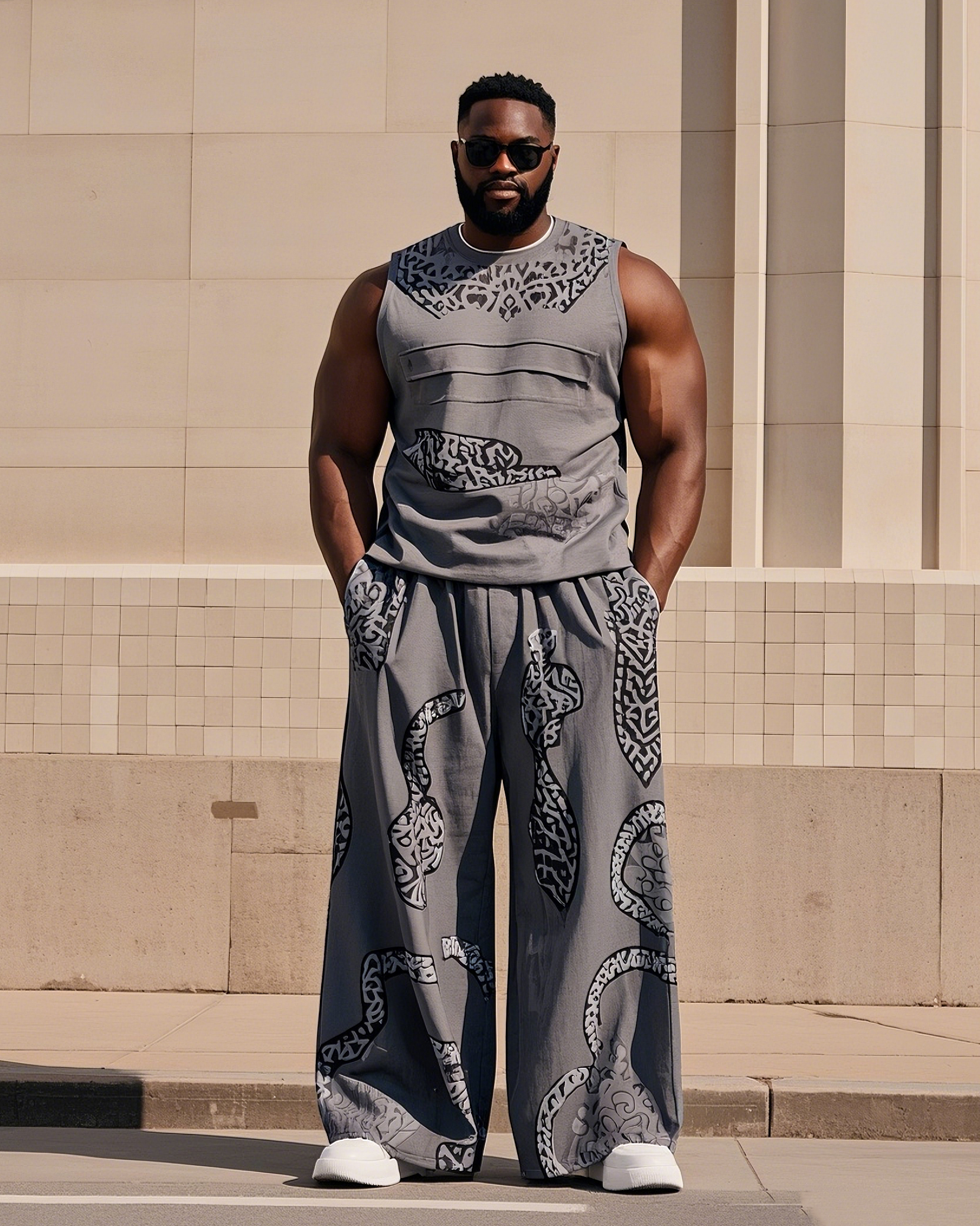 Men's Plus Size Daily Casual Cut Design Creative Printed Vest Trousers Suit