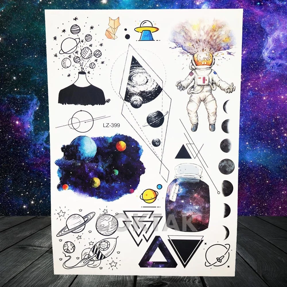 Fashion Space Temporary Tattoos For Kids Women Body Art Face Tatoos Realistic Fake Washable Geometric Flower Wolf Tattoo For Men