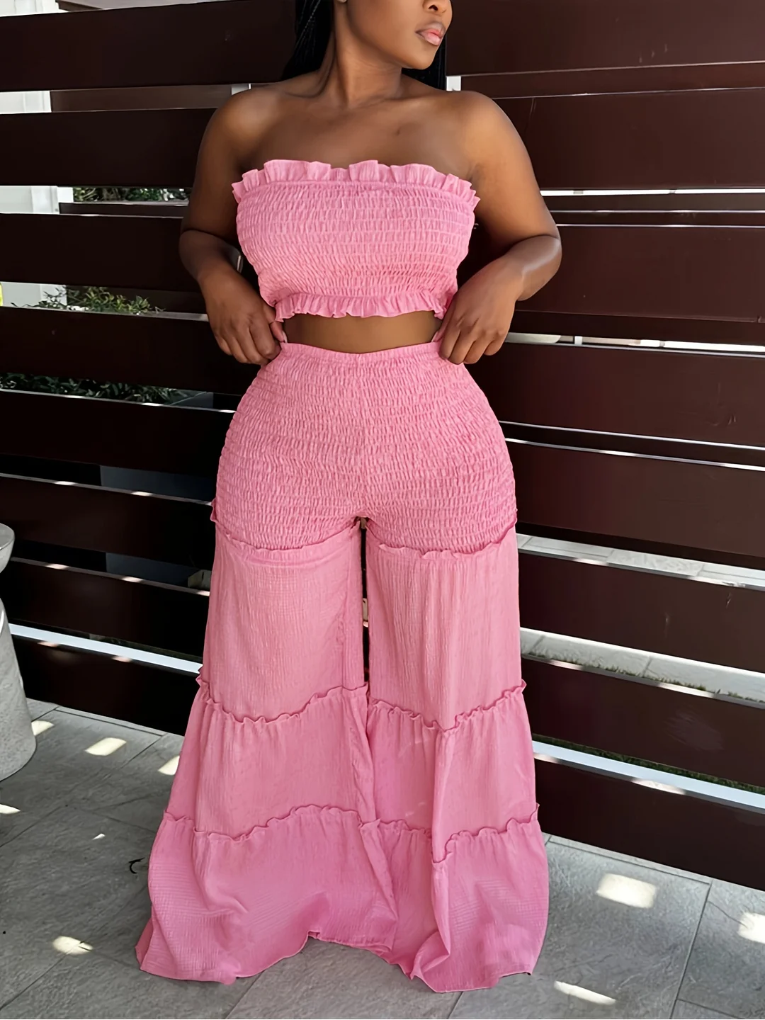 Sexy Bubble Crepe Fabric With Wooden Ear Edge Patchwork Strapless Pants Two-Piece Set | IFYHOME