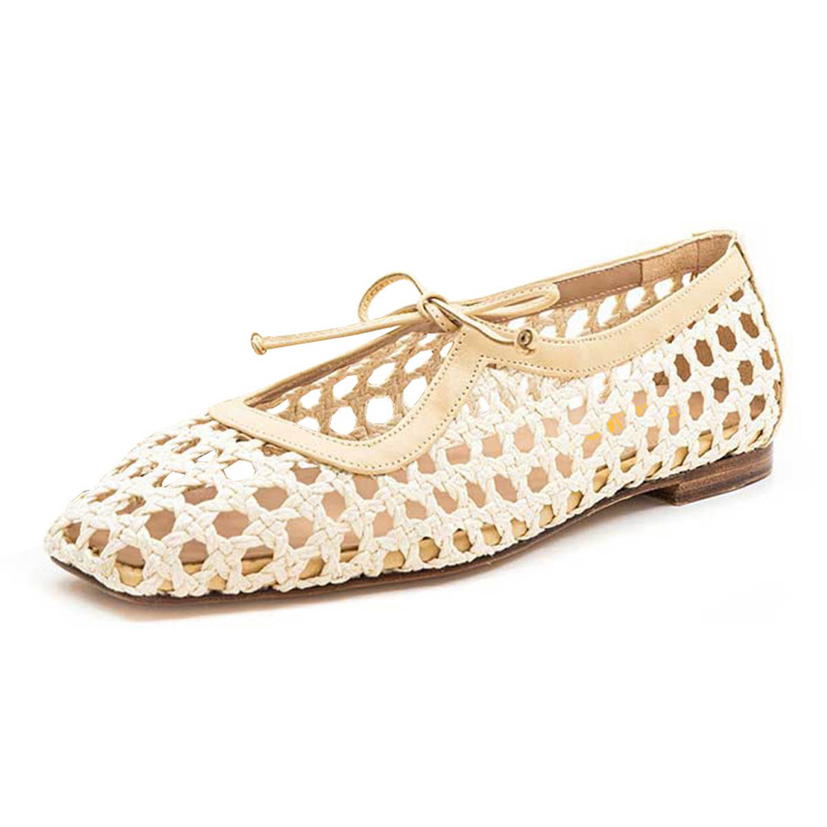 Ivory Square Toe Braided Lace Up Hollow-Out Flat Shoes for Women Nicepairs