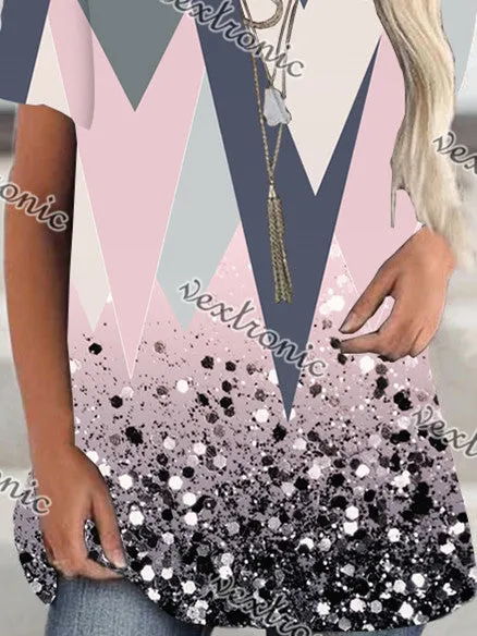 Women Short Sleeve Scoop Neck Geometric Polka Dot Top