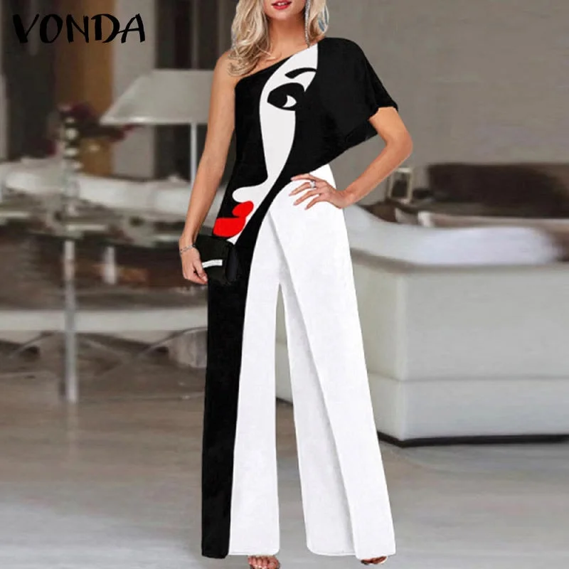 Wide Leg Rompers Casual Palazzo VONDA 2022 Women Playsuits Loose Solid Sexy One Shoulder Jumpsuits Summer Office Party Overalls