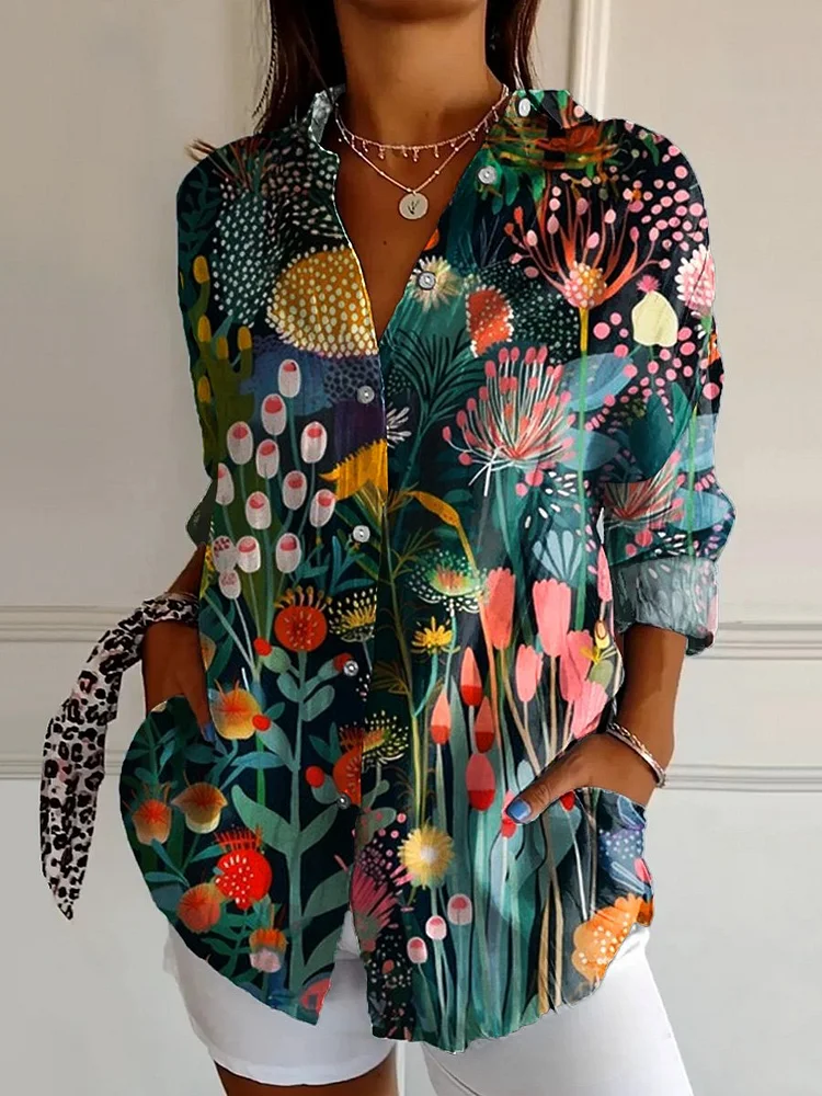 Women's  Japanese Art Print  Casual Cotton Shirt