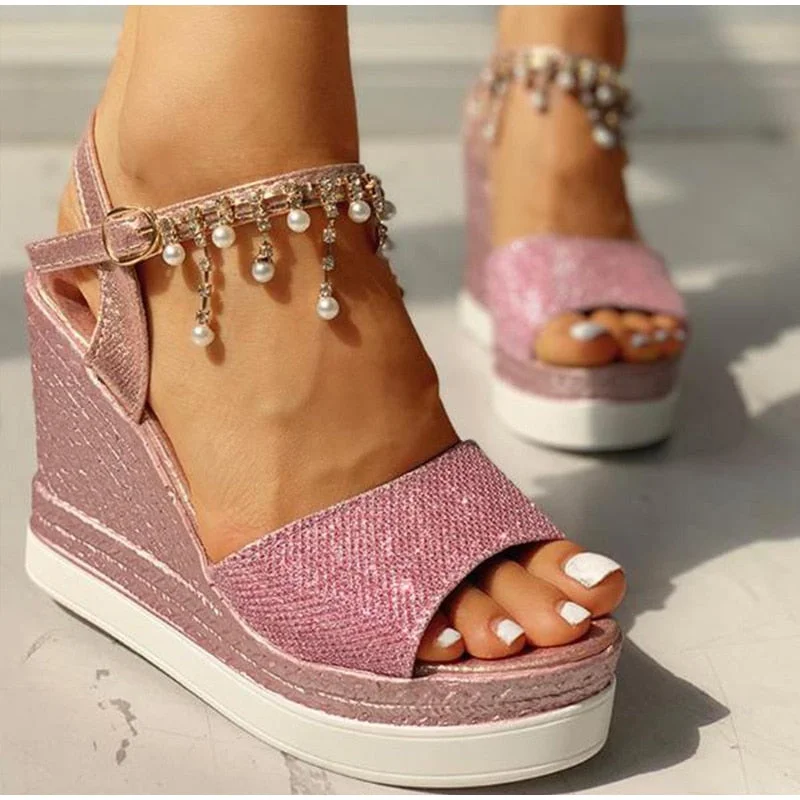 2021 New Women Wedge Sandals Summer Bead Studded Detail Platform Sandals Buckle Strap Peep Toe Thick Bottom Casual Shoes Ladies