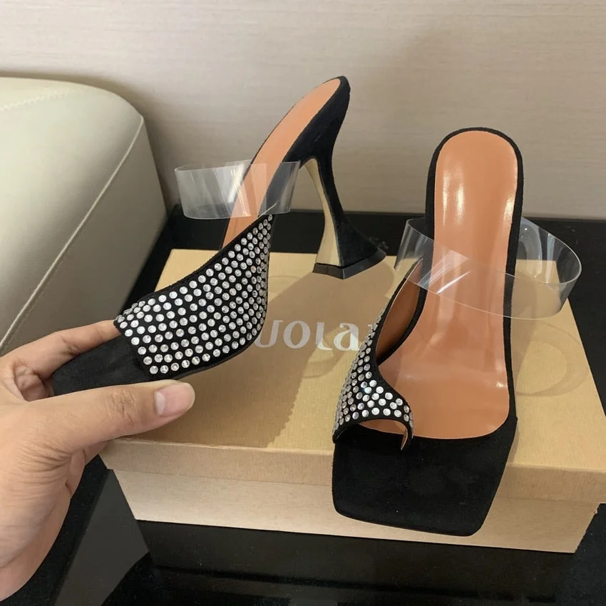 2022 New Summer Women Sandals Crystal Square Toe Ladies Heel Mules Sexy High Heels Sandal Slippers Female Fashion Woman Shoes