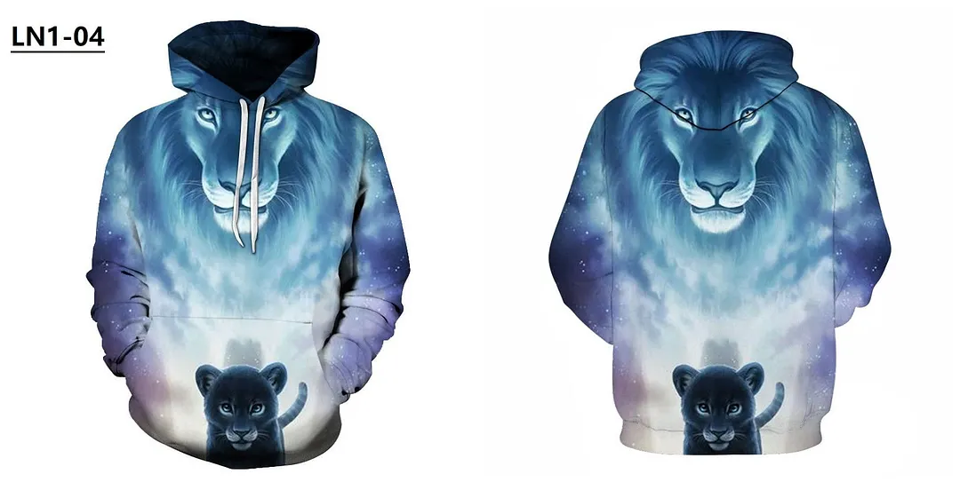Mens Hoodies with Cap 3D Digital Lion Print Long Full Sleeves Casual Hip Hop Counple Women Clothes Front Pocket Spring Autumn