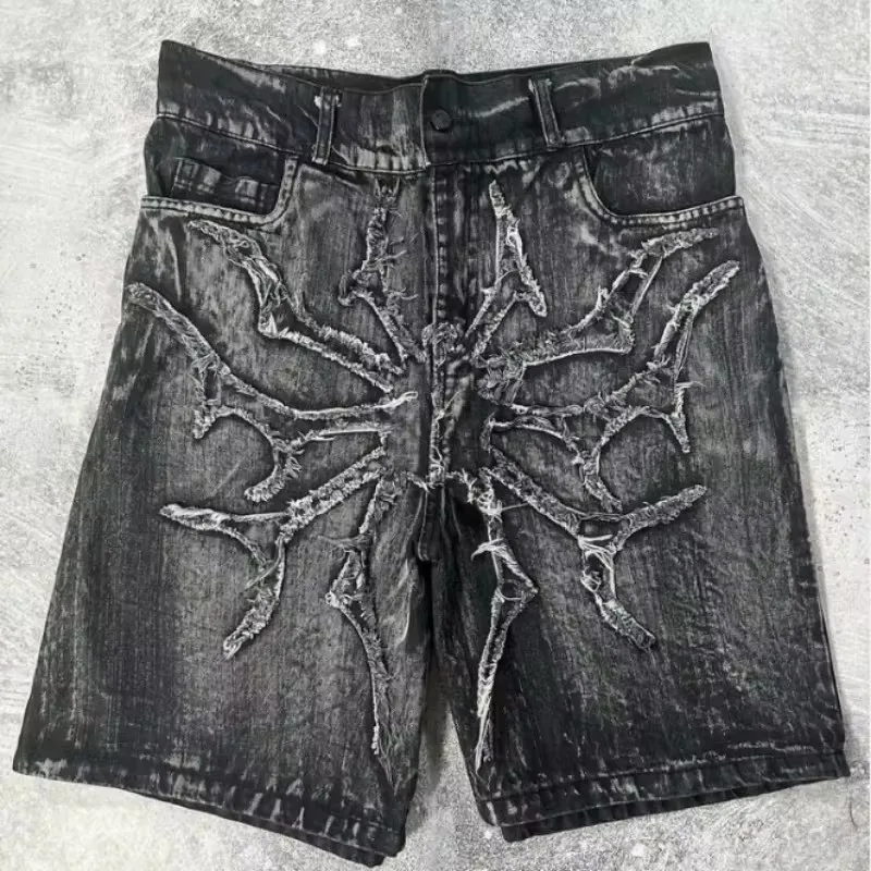 Multiplewell American Y2K New Fashion Trend Letters Embroidered Denim Shorts Men Street Hip Hop Retro Loose Jeans Couple Casual Denim Shorts