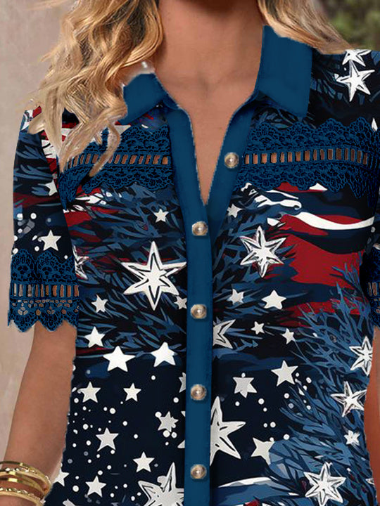 Women Short Sleeve Shirt Collar National Flag Striped Printed Graphic Button Lace Tops