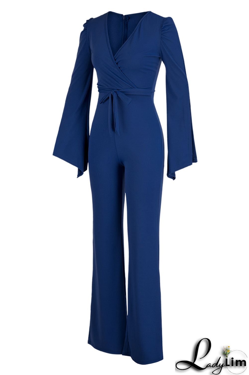 Blue Fashion Casual Solid Bandage Slit V Neck Regular Jumpsuits