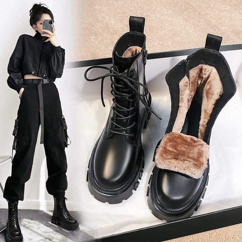 Women's Winter Combat Boots 2021 New Fur Black Platform Boots For Women Punk Gothic Shoes Ankle Boots Female Brand Designer