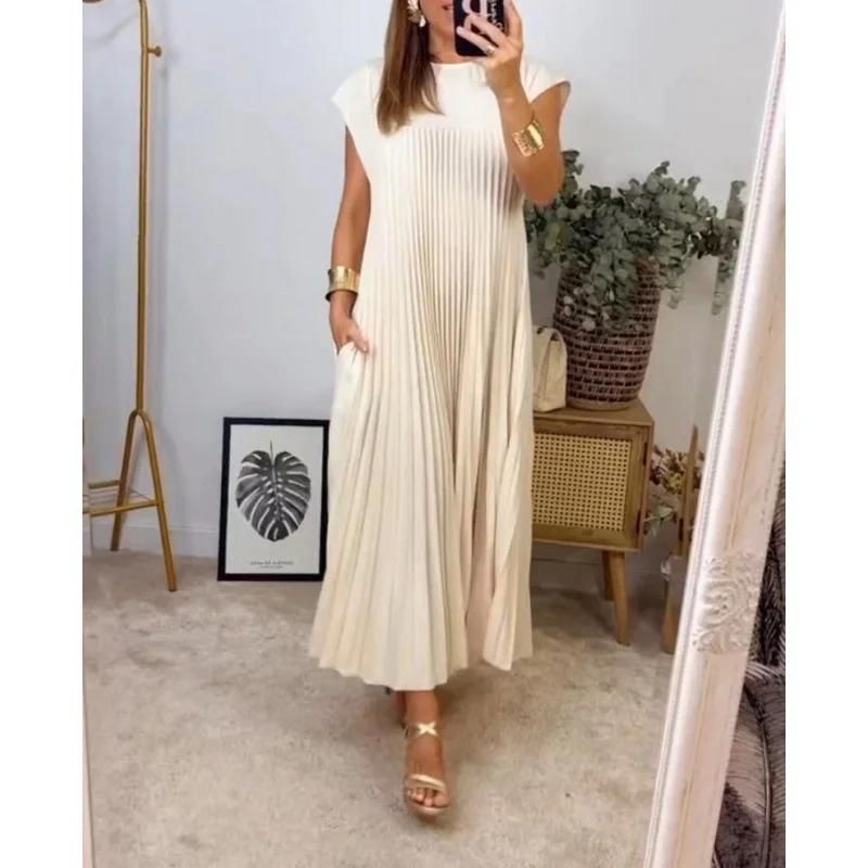 Uveng Uveng New Women's Elegant Fashion Round Collar Sleeveless Pleated Winter Dress Dress