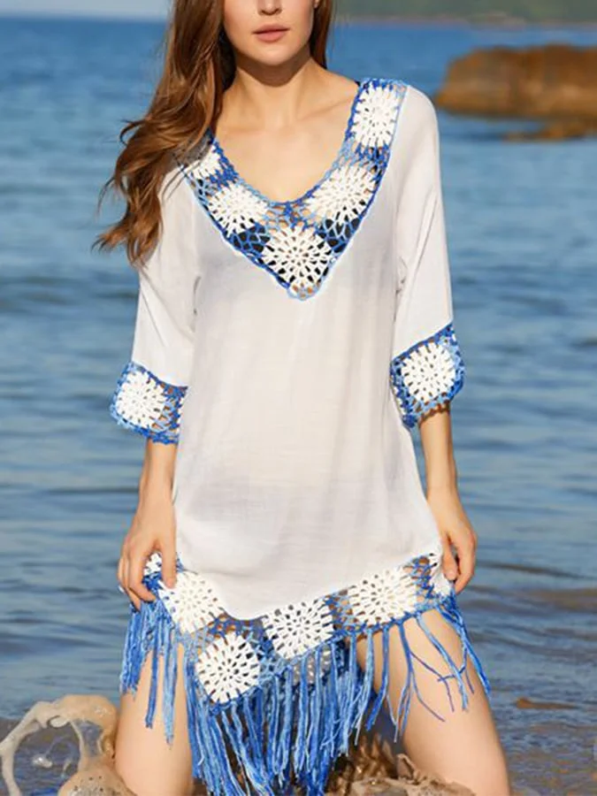 Crochet-Paneled Fringed Lace Blouse