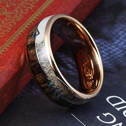 6MM 8MM Women's Or Men's Tungsten Carbide Wedding Matching Rings Rose Gold Cupid's Arrow over Wood Inlay with High Polish Antler and Dark Wood Inlay Domed Top