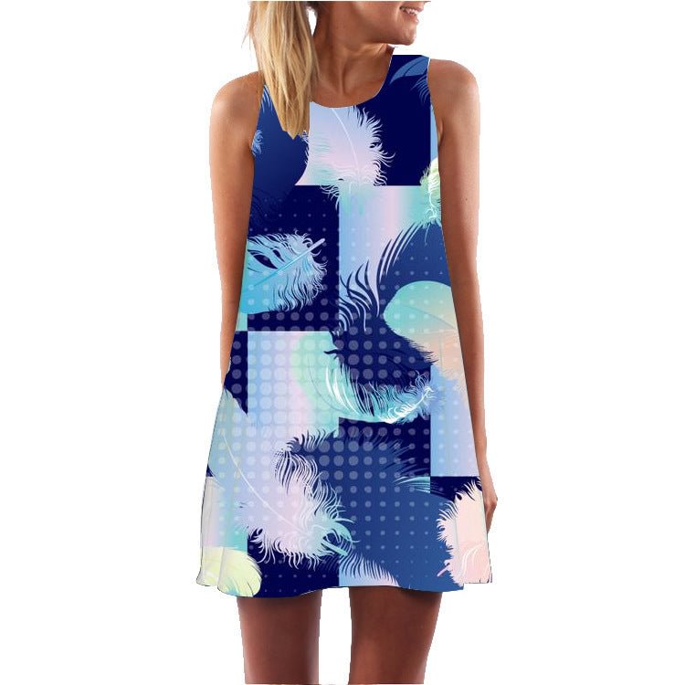 Retro Digital Printed Round Neck Off-the-shoulder Mid-length Vest Dress