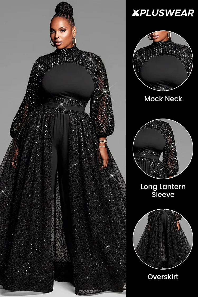 Xpluswear Design Plus Size Formal Black Mock Neck Lantern Sleeve Long Sleeve With Skirt Overlay Elegant Jumpsuits [Pre-Order]