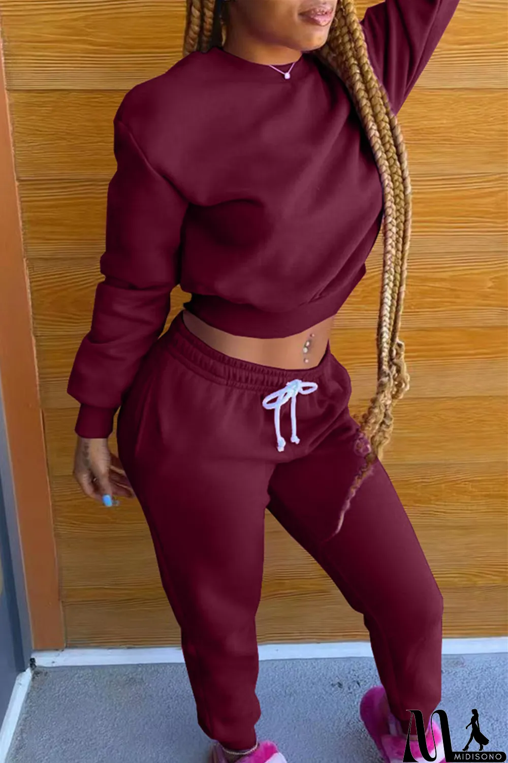 MidiSono - Black Fashion Casual Solid Basic O Neck Long Sleeve Two Pieces