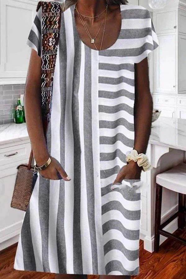 Paneled Striped Print Side Pockets Casual Midi Dress