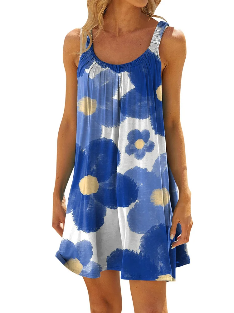 Blue Flower Print Sleeveless Strap Mini Casual Loose Fit Dress