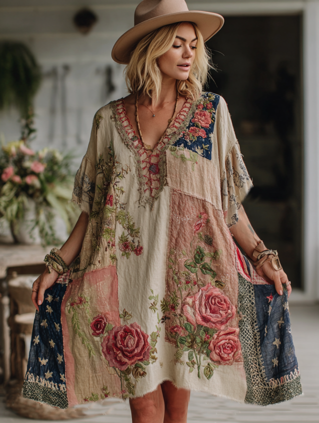  Women's Retro  American Western Country Style Floral Patchwork Art Casual Linen Short Sleeve Maxi Dress Westsshops