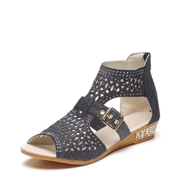 Women Wedges Heel Buckle Strap Gladiator Sandals Peep Toe Low Heels Sandals | IFYHOME