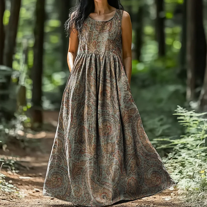 Women's Retro Paisley Floral Art Print Crew Neck Sleeveless Cotton Pocket Dress